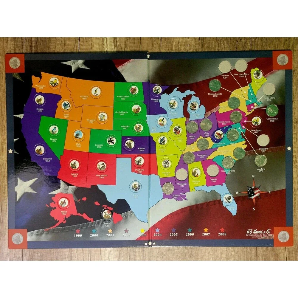 H.E. Harris & Co. State Series Quarters Collectors Map + Partial Set (13 of 50)